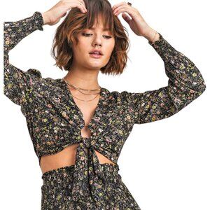 Reset By Jane Tie Front Crop Top Black Floral Balloon Sleeve Top S